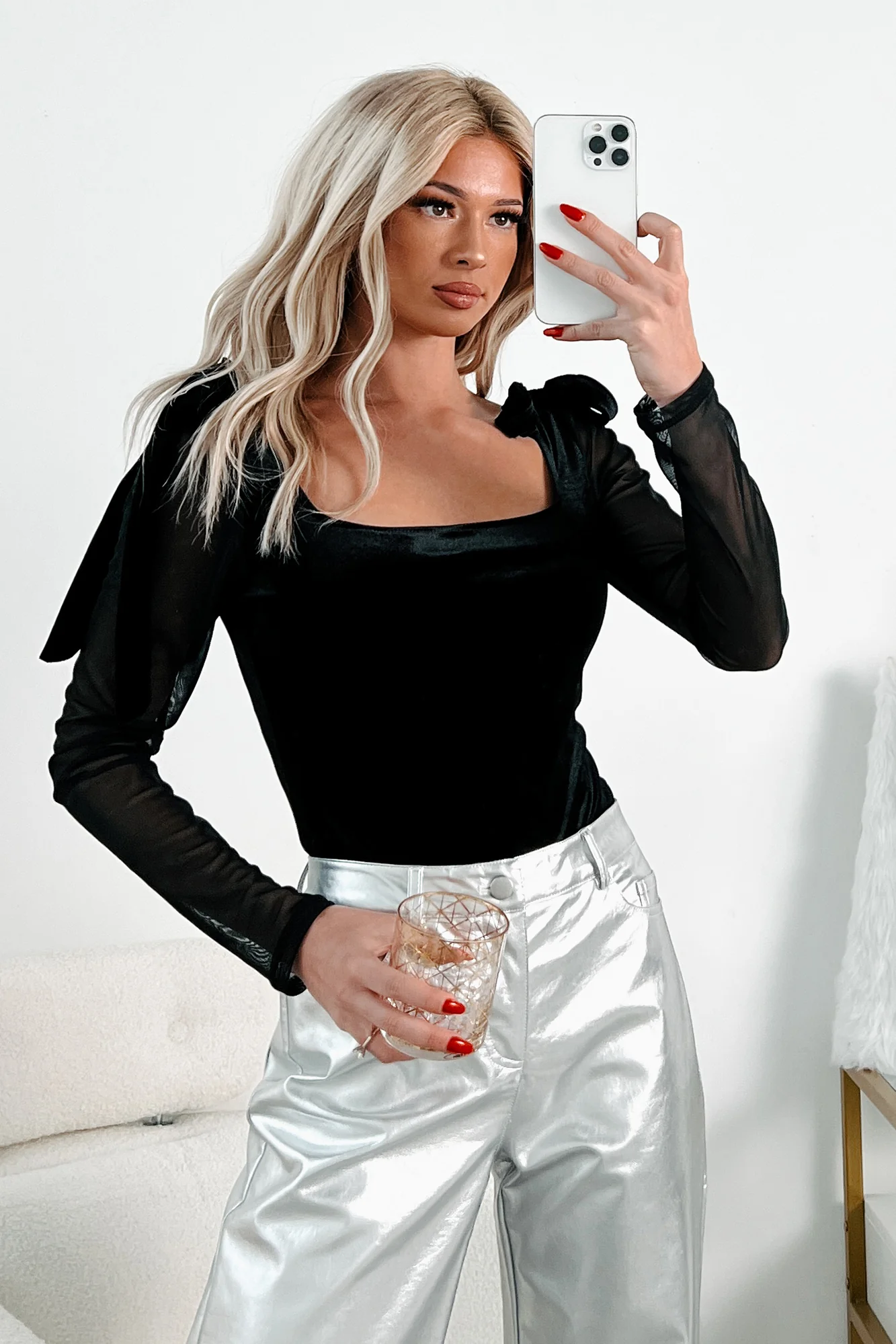 Luxe Mentality Sheer Sleeve Velvet Bodysuit (Black) - Image 4