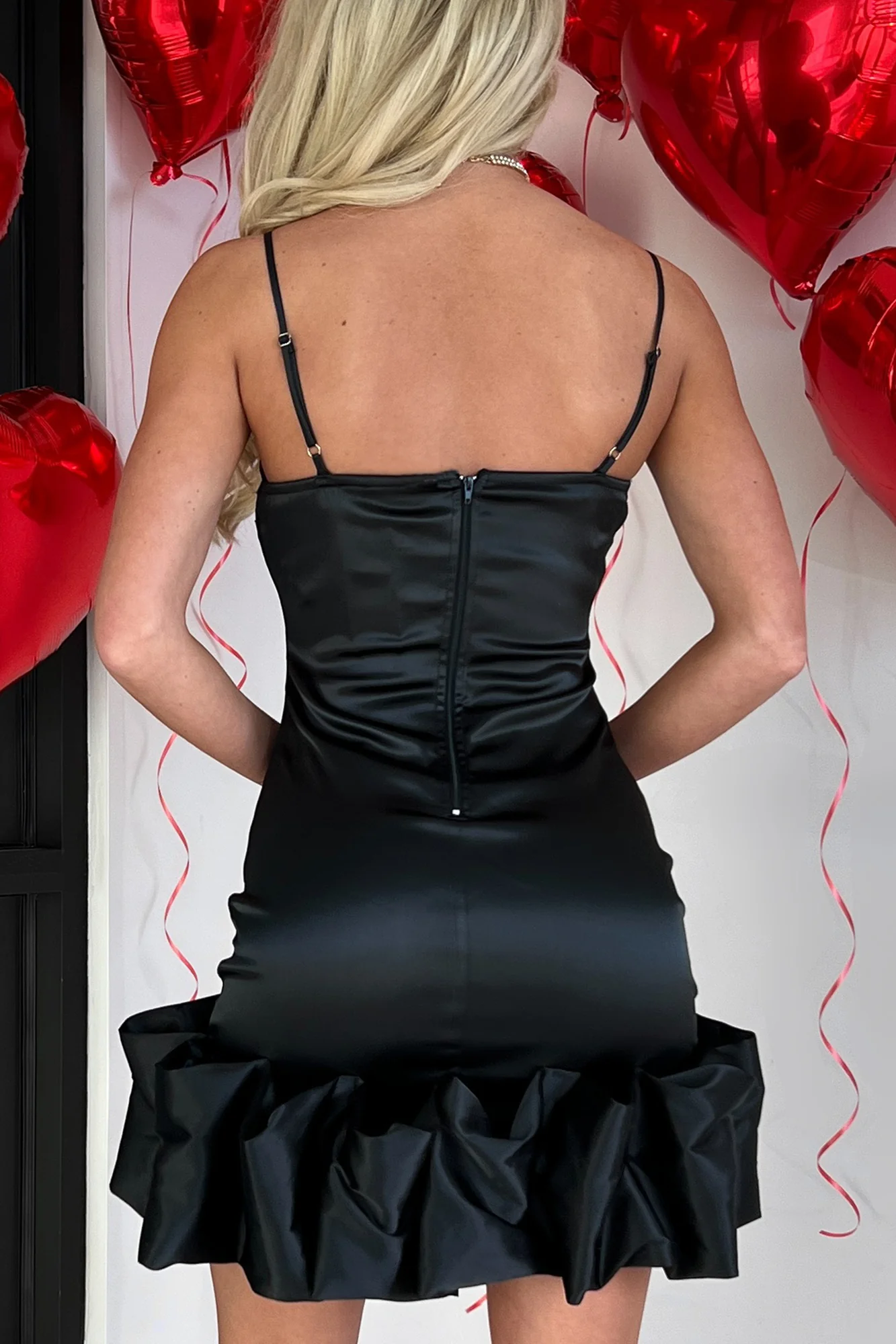VIP Situation Ruffled Hem Satin Mini Dress (Black) - Image 4